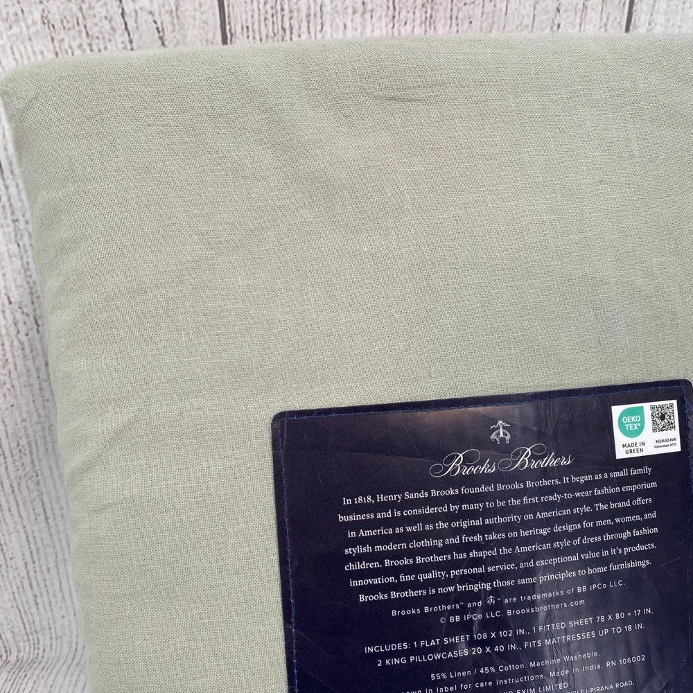 Brooks Brothers Sheet Set King Sage Green Linen Cotton Washed Softness Earthy